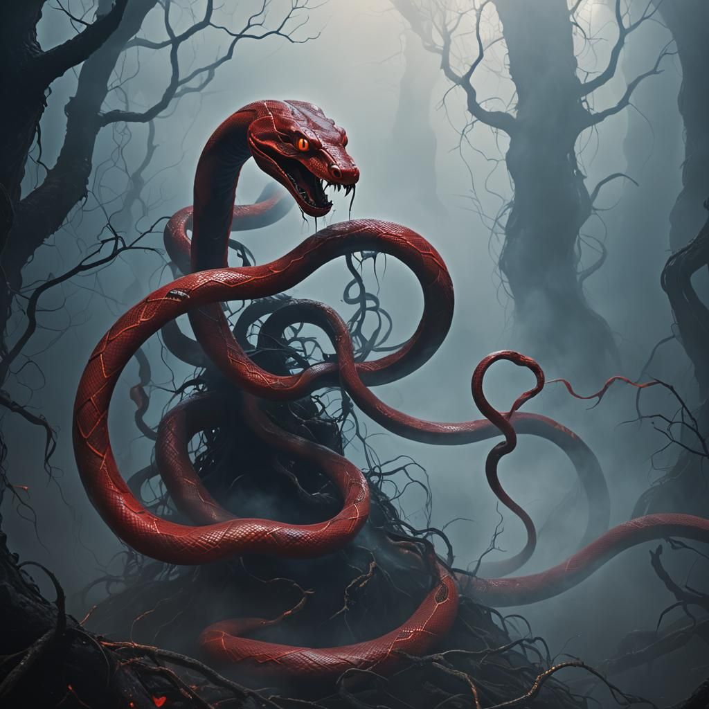 Eerie Red Snake Guardian in a Foggy Fantasy Art