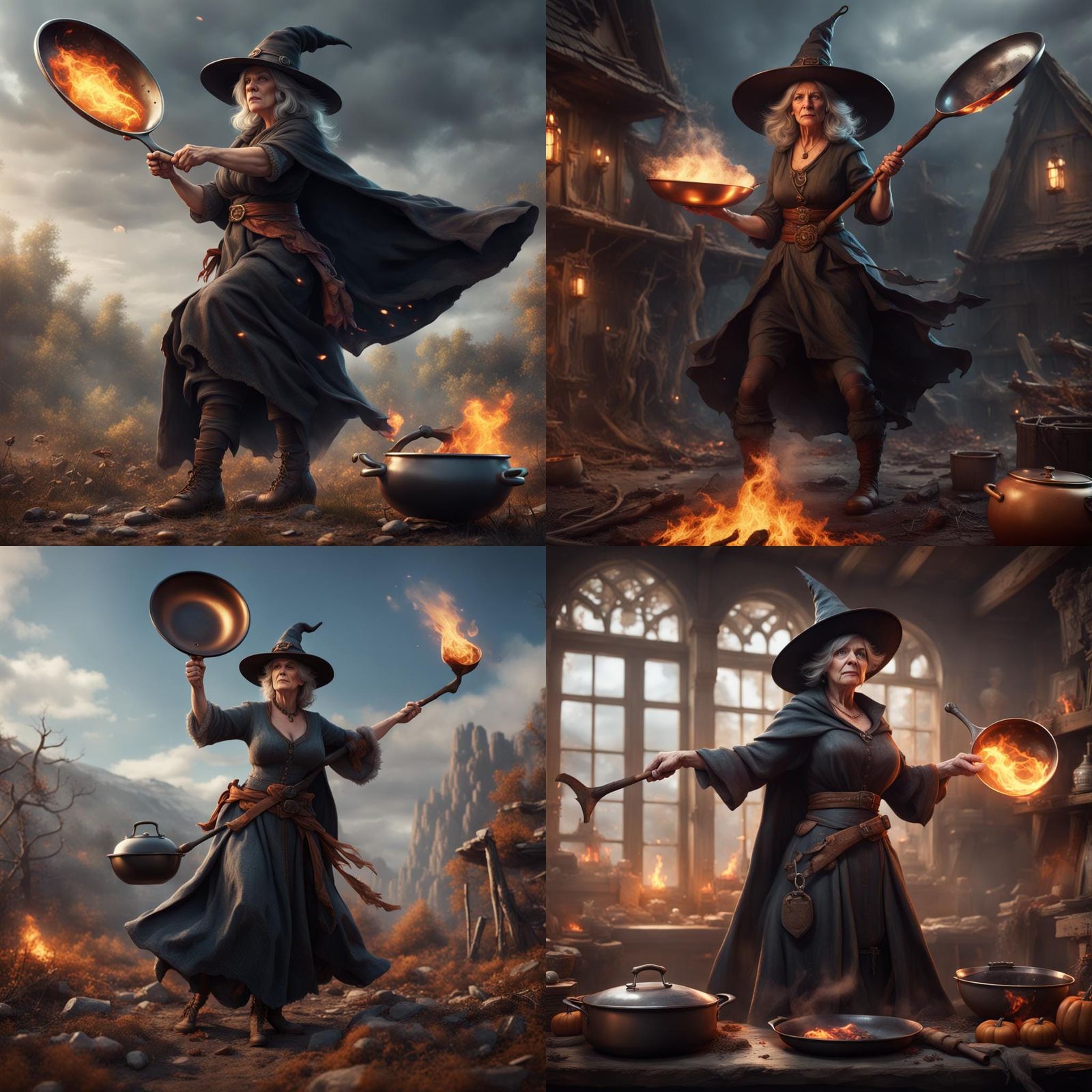 Witch Wielding Frying Pan in Fantasy Art