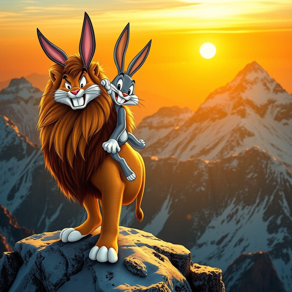 My animal spirit is  bugs bunny jumping A regal lion, its tawny coat glistening with dew, stands proudly atop a snow-cap...