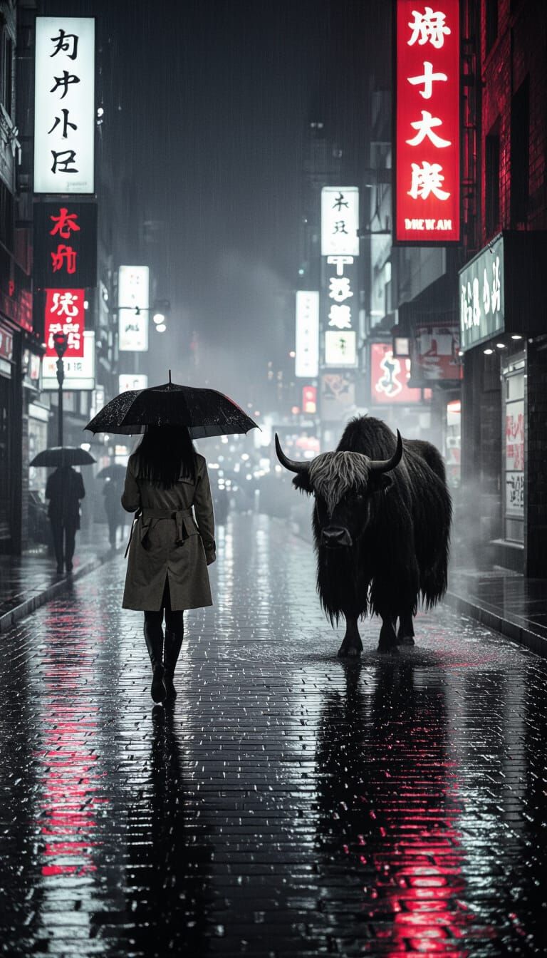 Rainy City Street Scene in Film Noir Style