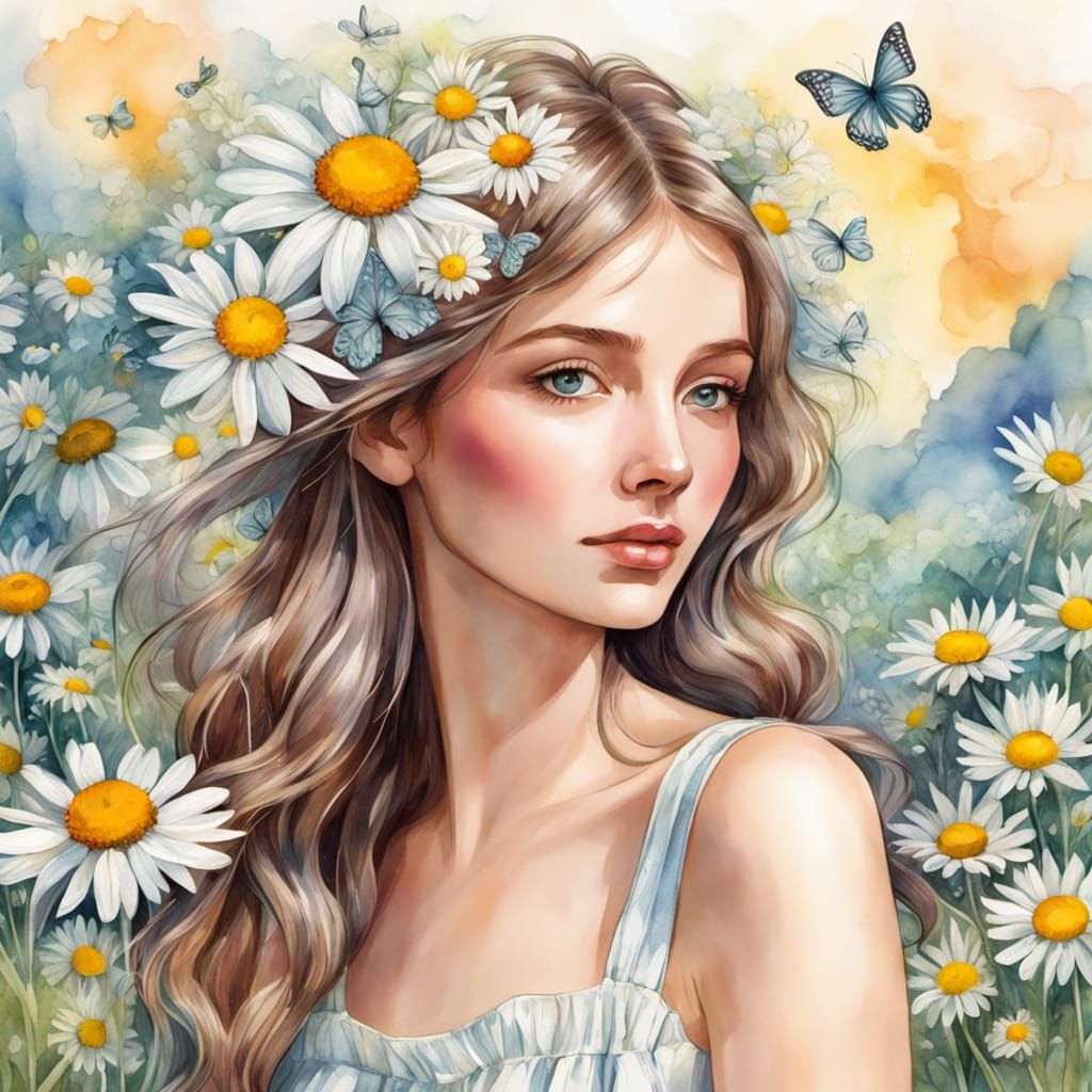 Whimsical Portrait of a Young Russian Woman in a Chamomile F...