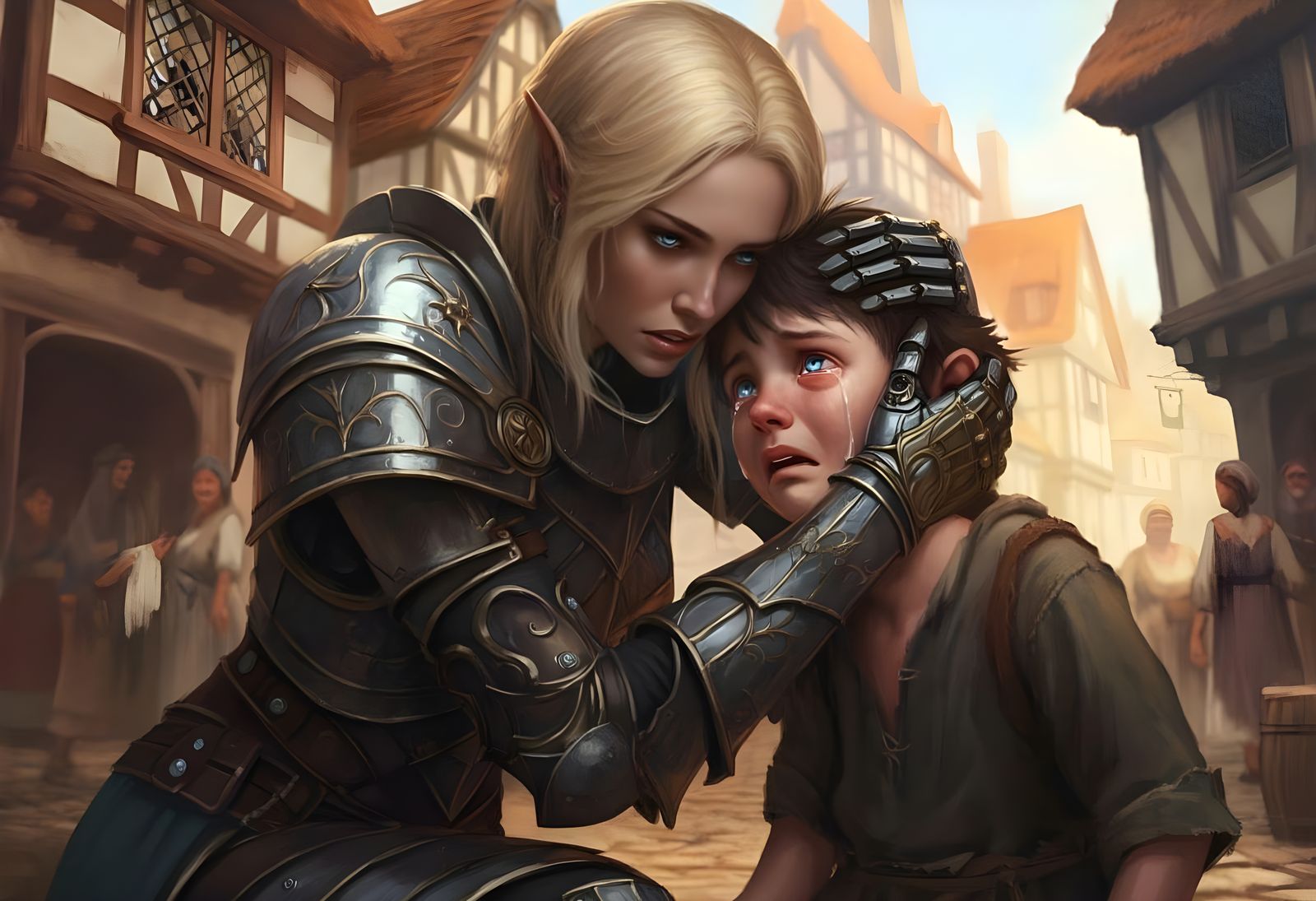 Warrior-Priest Comforts Urchin in Fantasy City