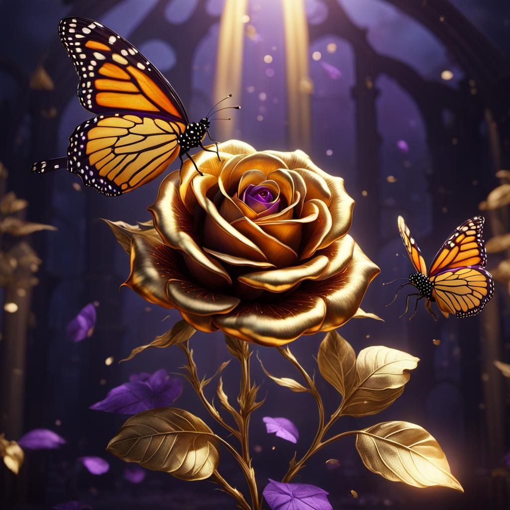 Golden Rose with Monarch Butterfly: Fantasy Art