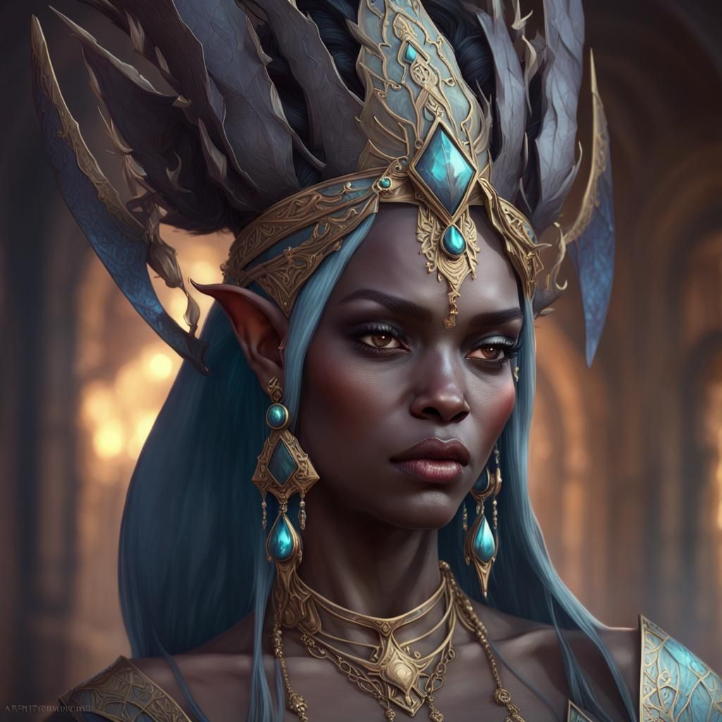 Dark Elf Priestess Portrait in Hyperdetailed Style