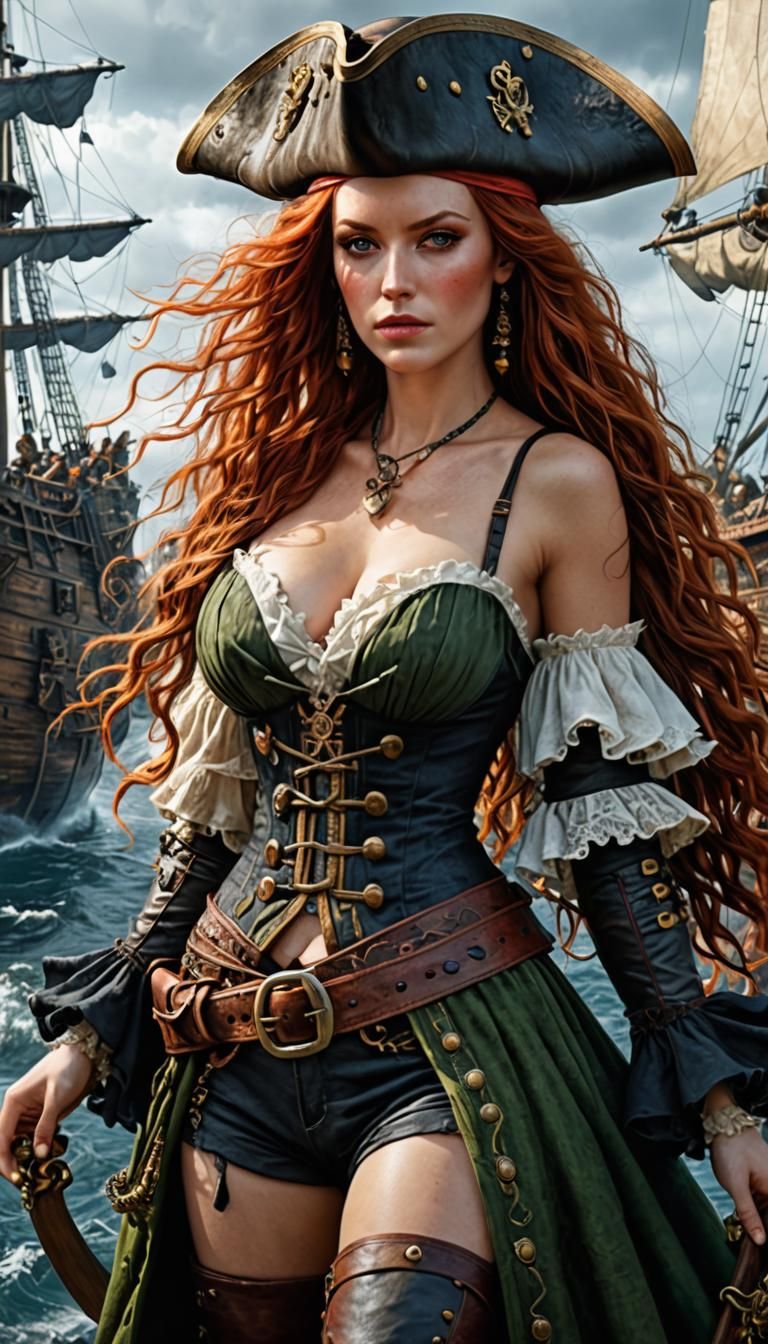 Redhead Pirate Girl on Shore in Cinematic Style