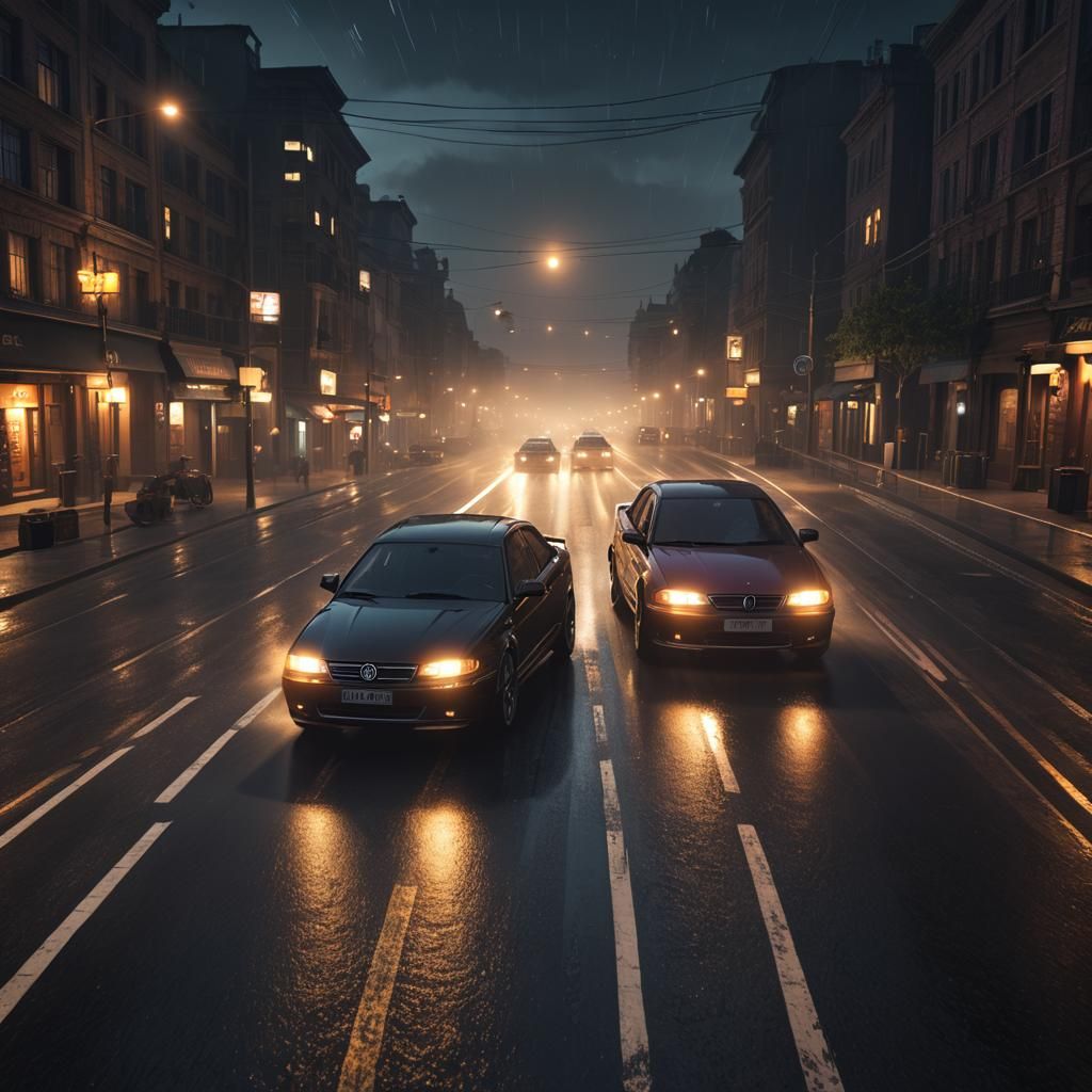 Cars Driving at Night with High Beams, Digital Art