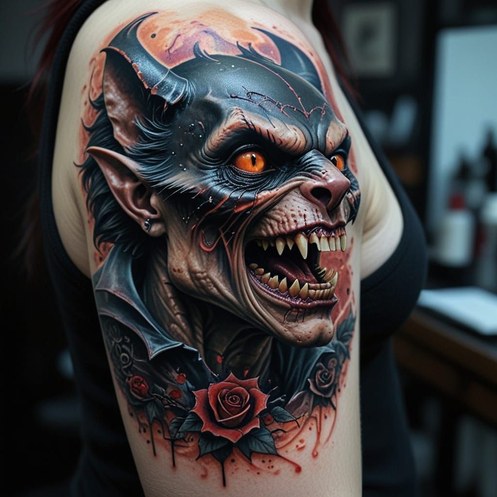 Hyper-Realistic Vampire Tattoo Artist in Dimly Lit Parlor