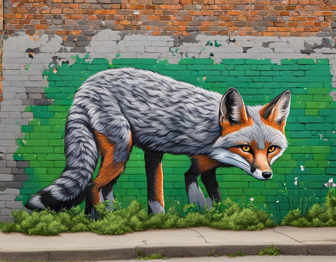 Grey Fox Graffiti Art in Forested Setting