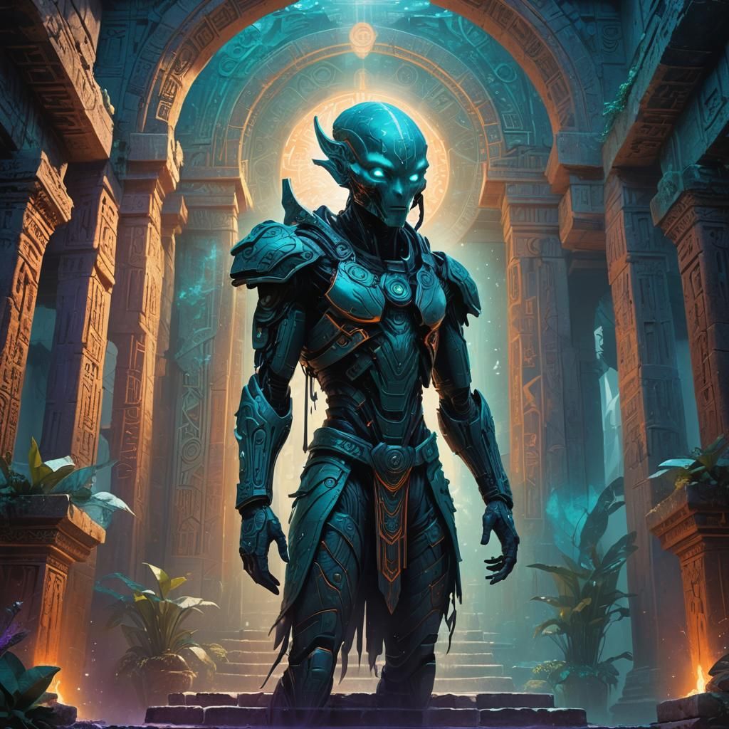 Alien-Human Hybrid in Ancient Temple, Fantasy Concept Art