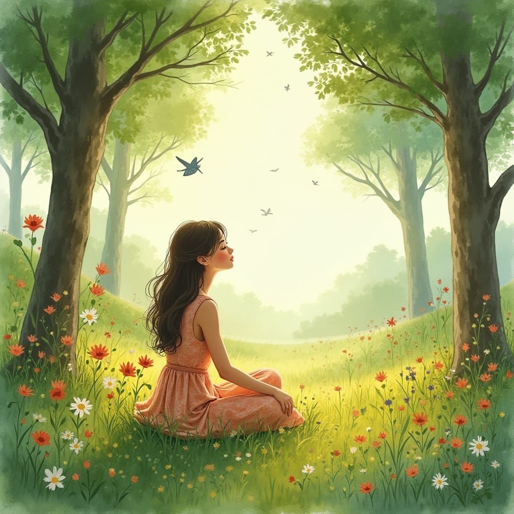 A Woman in a Lush Green Meadow, in Whimsical Watercolor Styl...