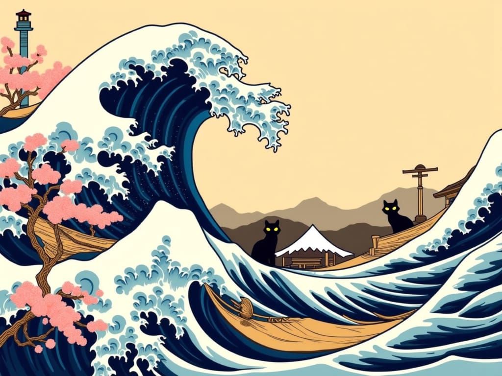 Gigantic Wave with Cats and Cherry Blossoms in Japanese Styl...
