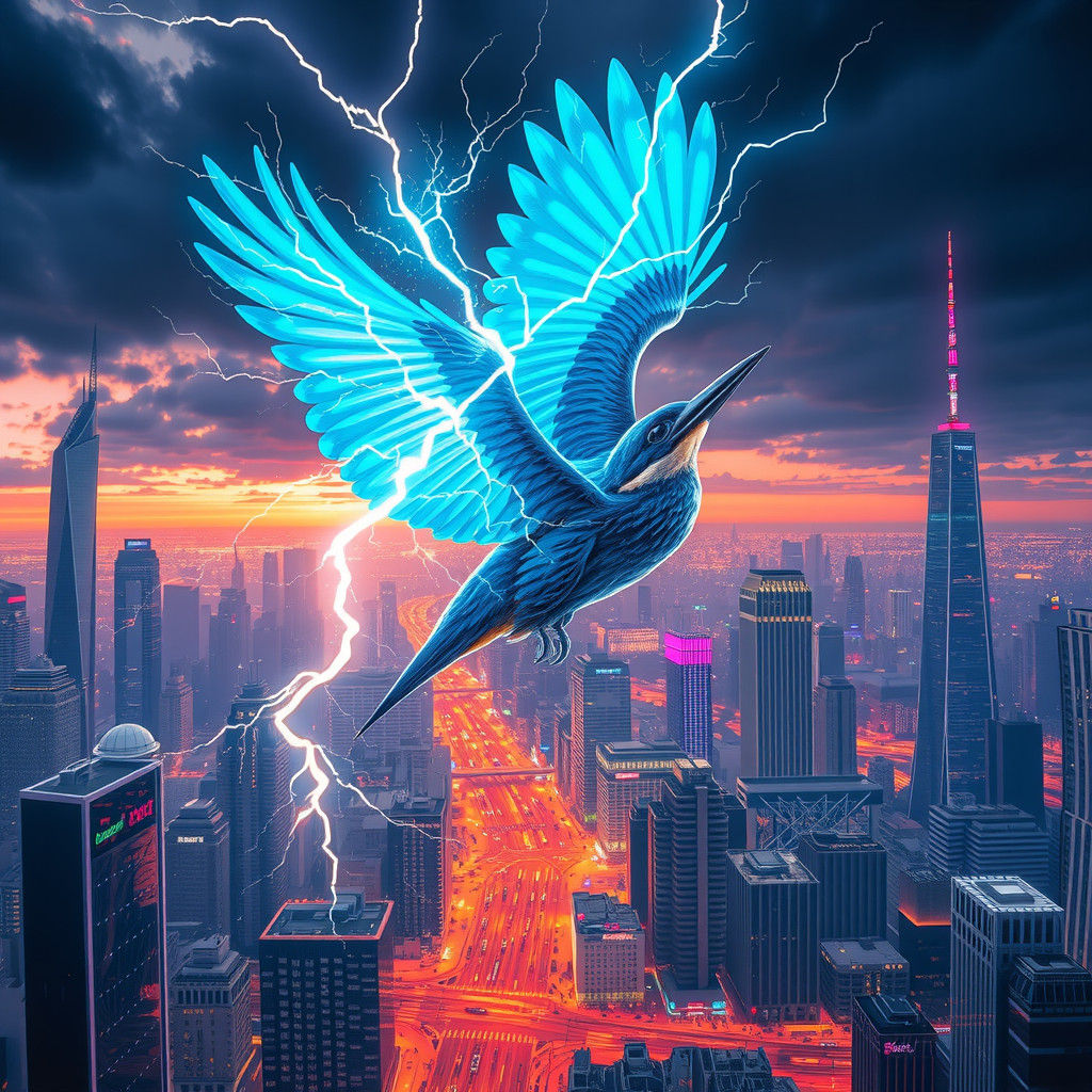 Electric Blue Kingfisher Soaring Over Futuristic Cityscape