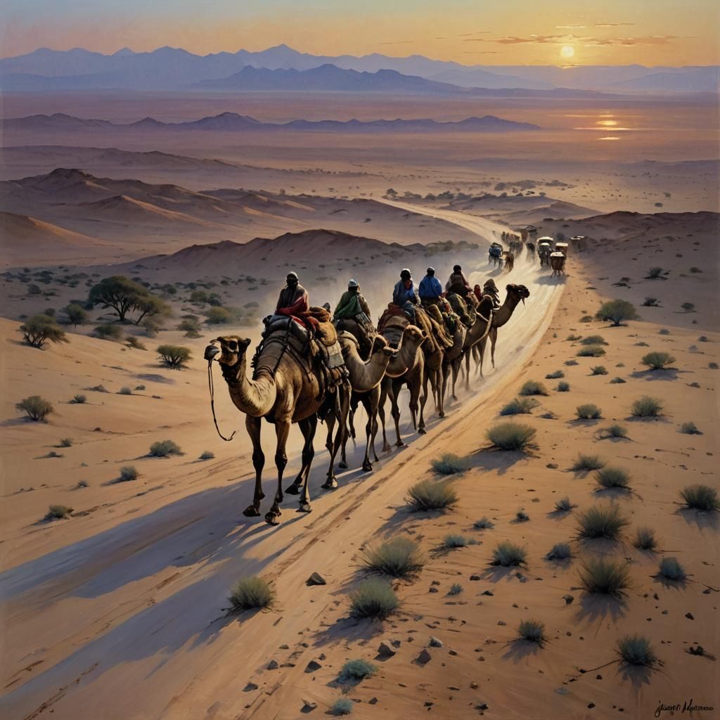Camel Train at Dusk: Oil Painting