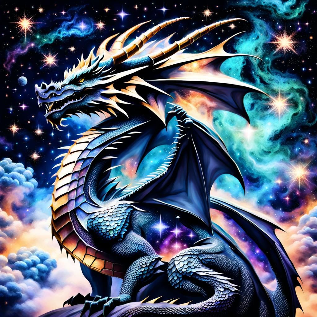 Dragon made of stars, nebula background, mystical sky