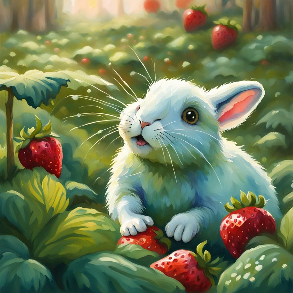 Bunny with Strawberry in Gouache Watercolor Style
