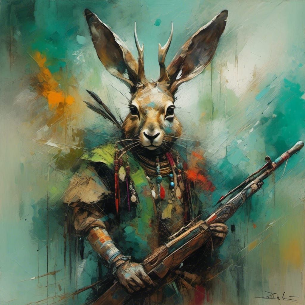 Native American Jackalope Warrior in Abstract Expressionism