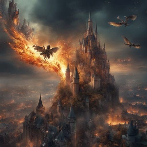 Angels Above Burning City: Dark Fantasycore Art