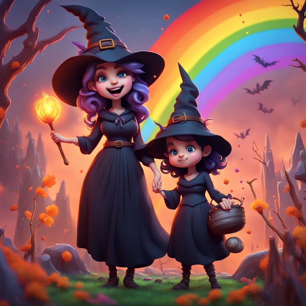 Adorable Cartoon: Mother and Baby Witch in Rainbow