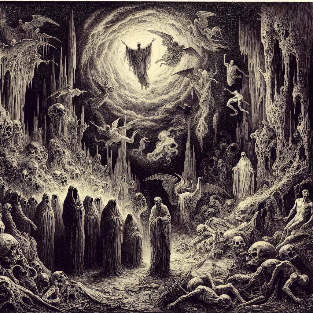 Gustave Doré Inspired Purgatory Scene with Ghostly Apparitio...