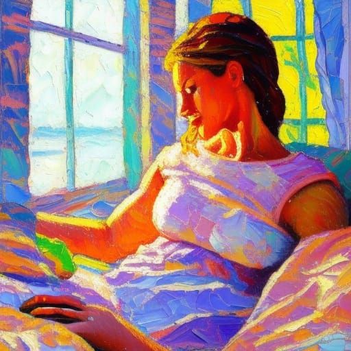 A coffee drinking the woman in bed, the sun is shining throu...