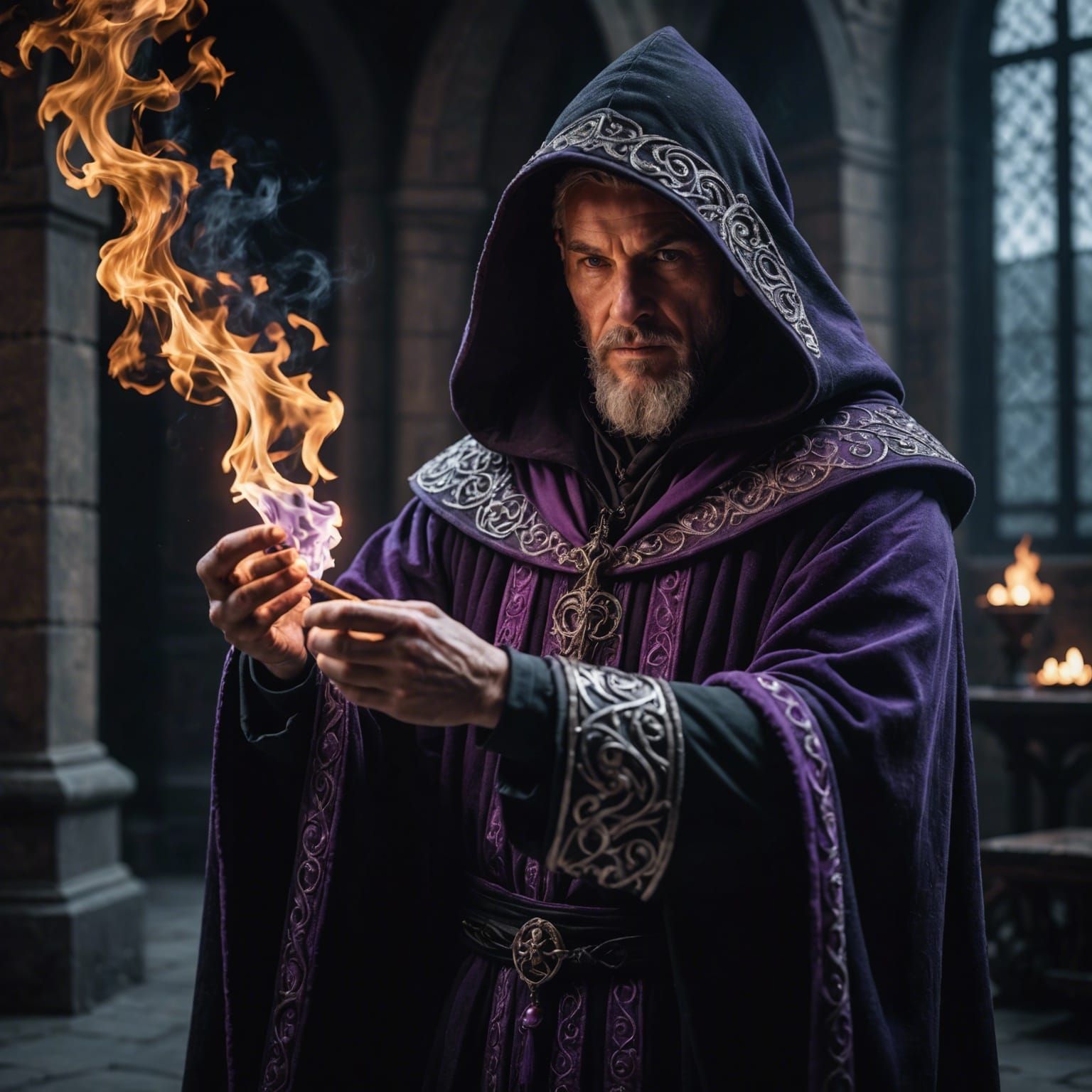 Hooded Wizard Casting a Spell in Dark Academia Style