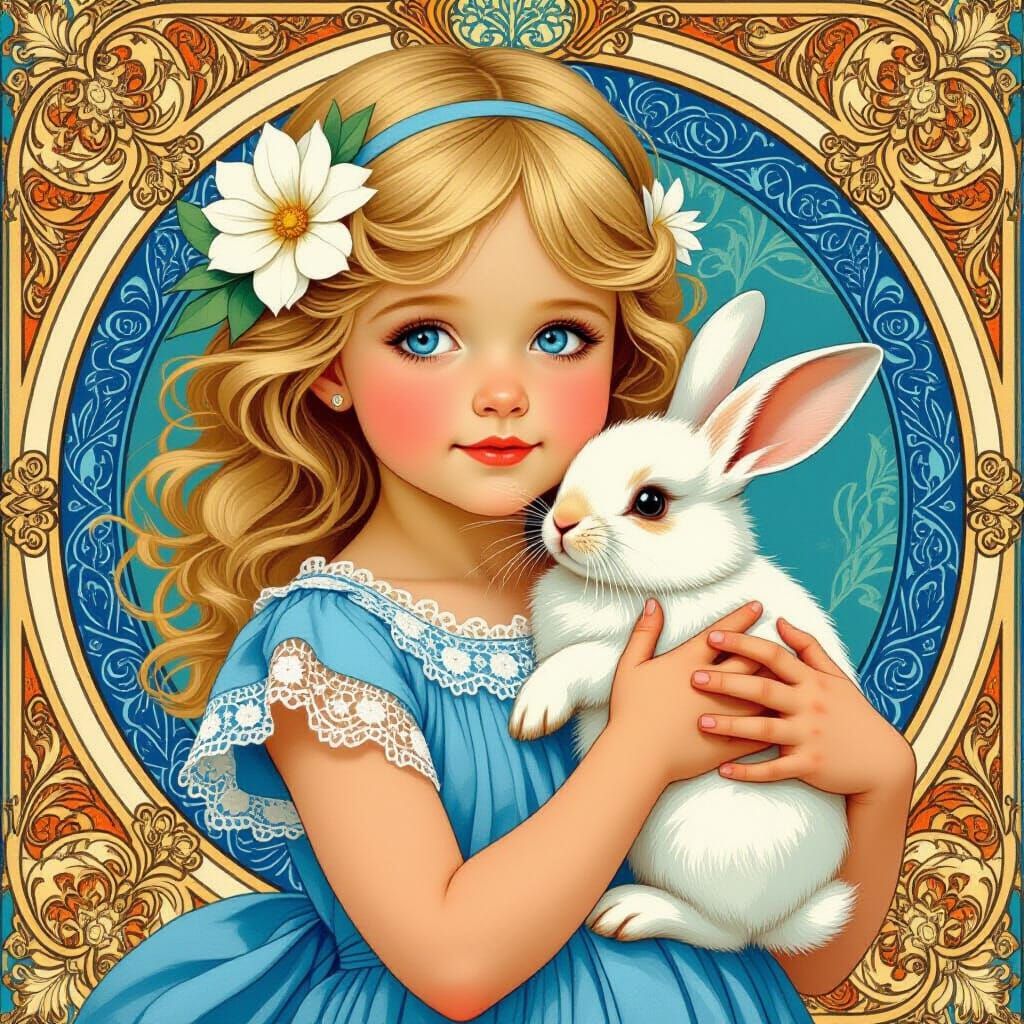 Girl with Rabbit in Art Nouveau Style