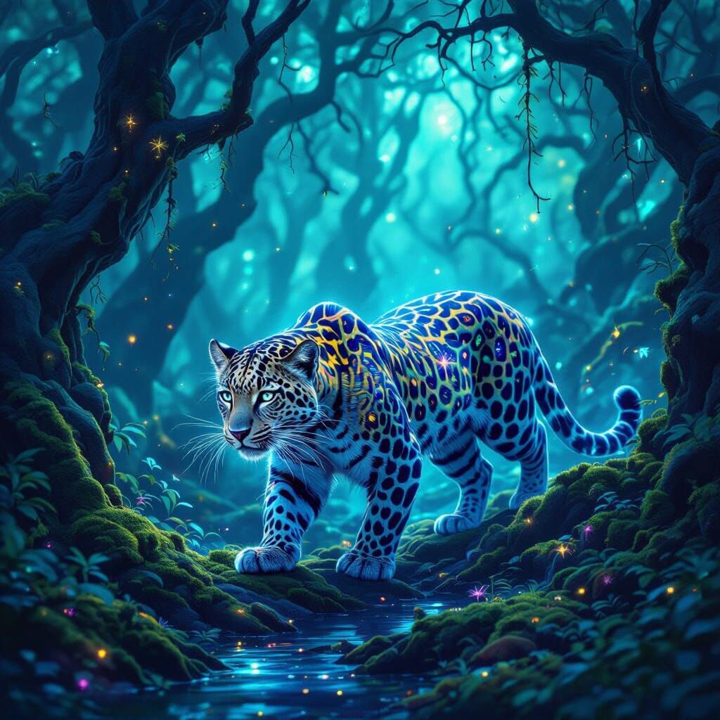 Bioluminescent Leopard in Ethereal Forest