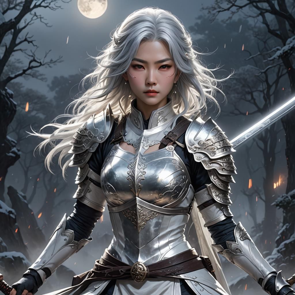 Silver-Haired Warrior with Katana in Snowy Landscape