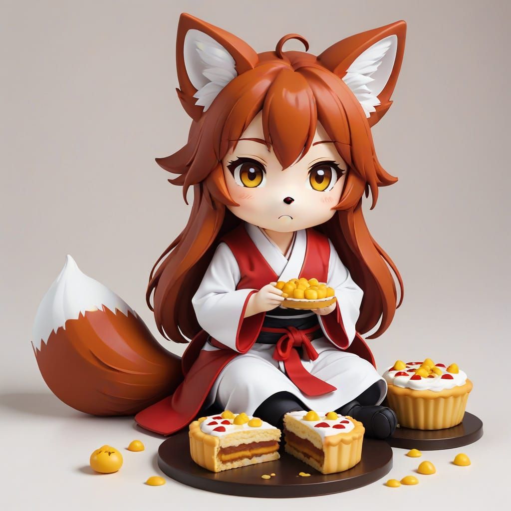 Cute Chibi Fox-Girl Miko with Pastry