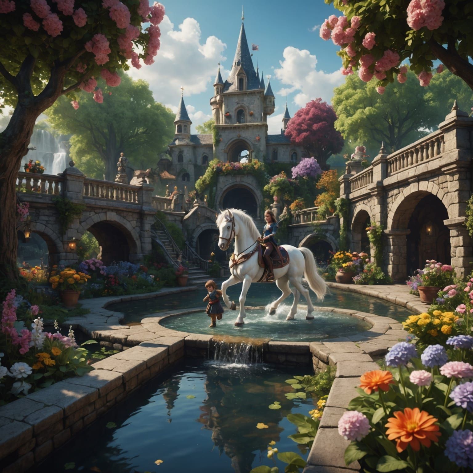 Dreamlike Rocking Horse Feast by the Fountain