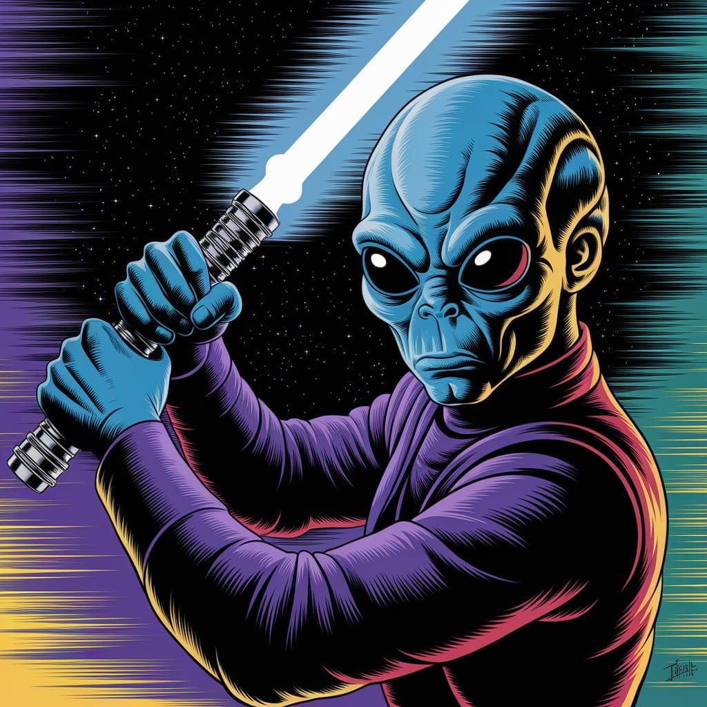 Vibrant Chrome Lightsaber Alien in Eerie Sci-Fi Comic Book S...