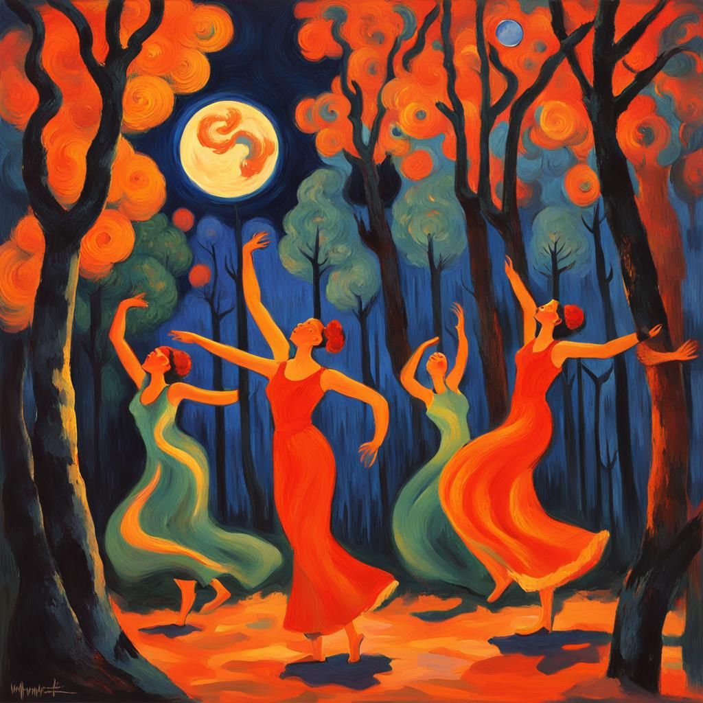 Fire Dancers in Moonlit Forest: Vivid Expressionist Night