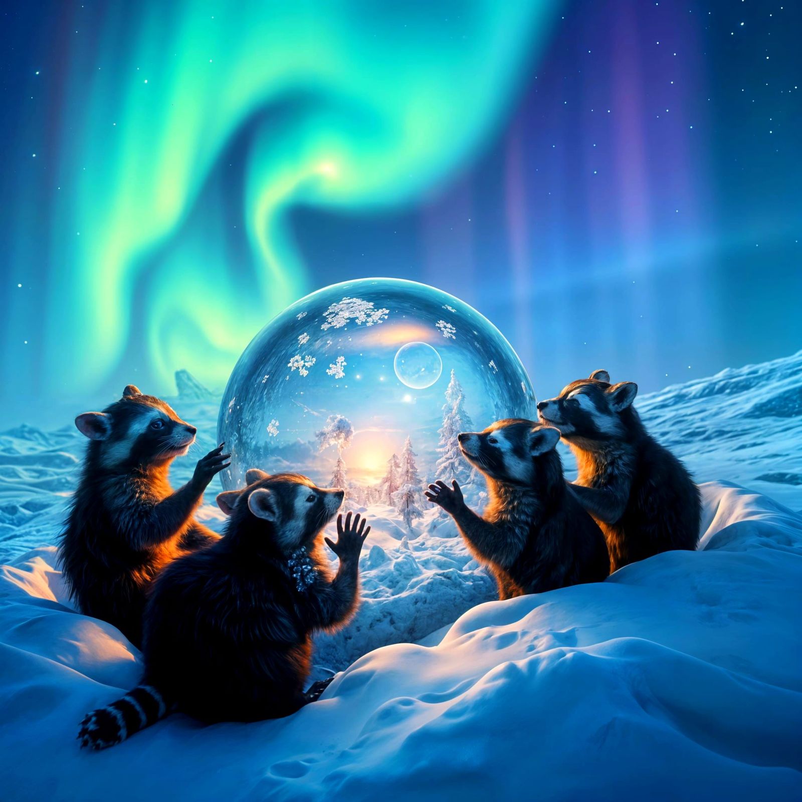 Curious Raccoons Peer into a Glowing Orb in the Aurora Borea...