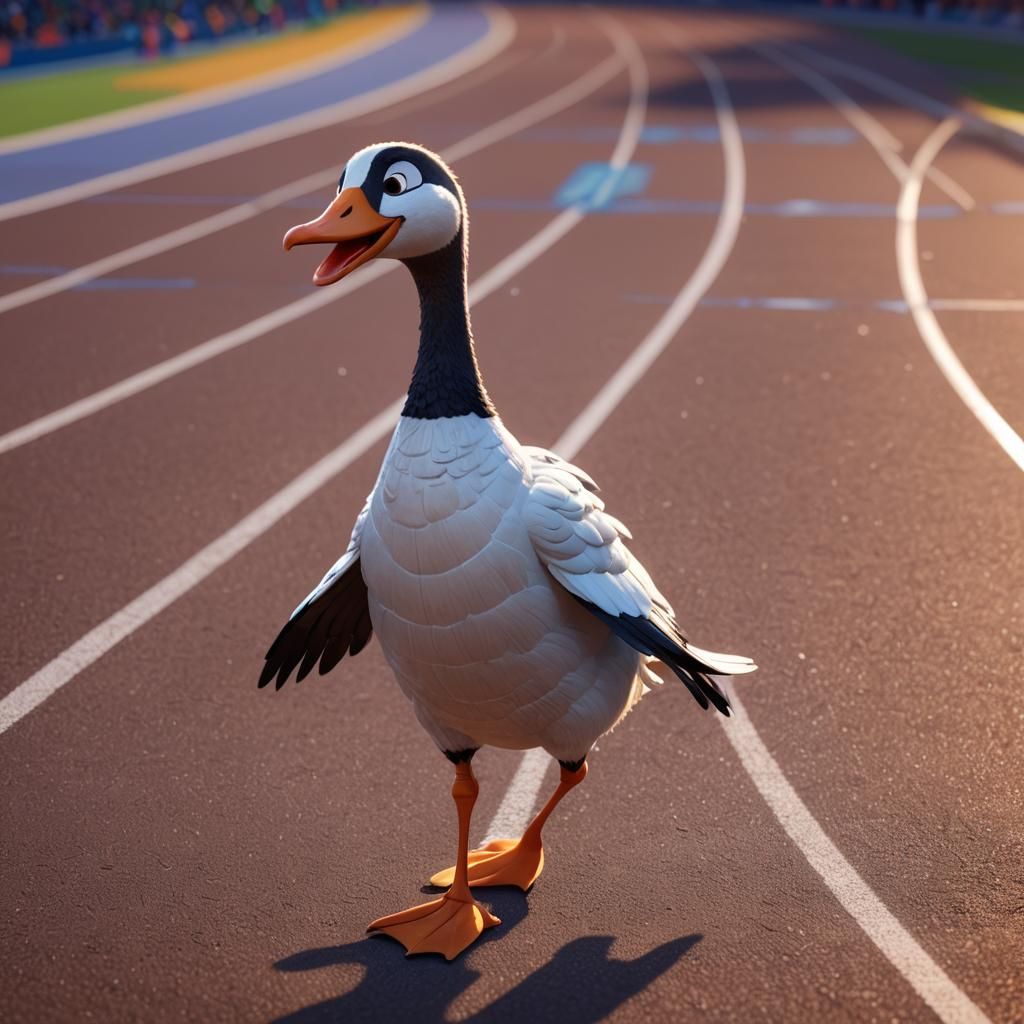 Goose on Olympic Track in Pixar Style