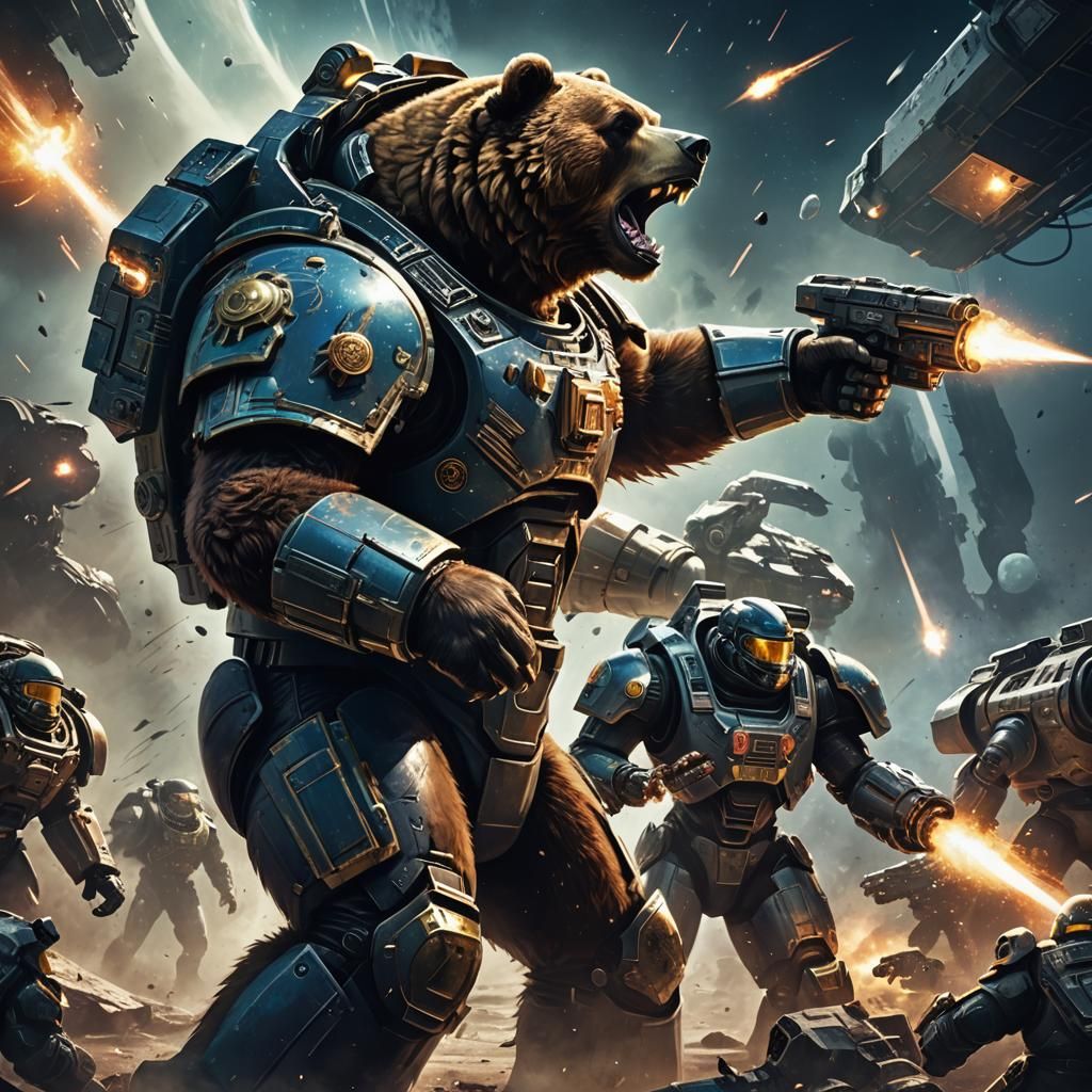 Armored Bear Directs Sci-Fi Battle in Epic Illustration