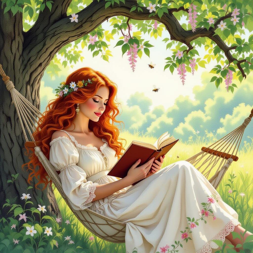 Red-Haired Woman in Hammock, Whimsical Art Nouveau Style