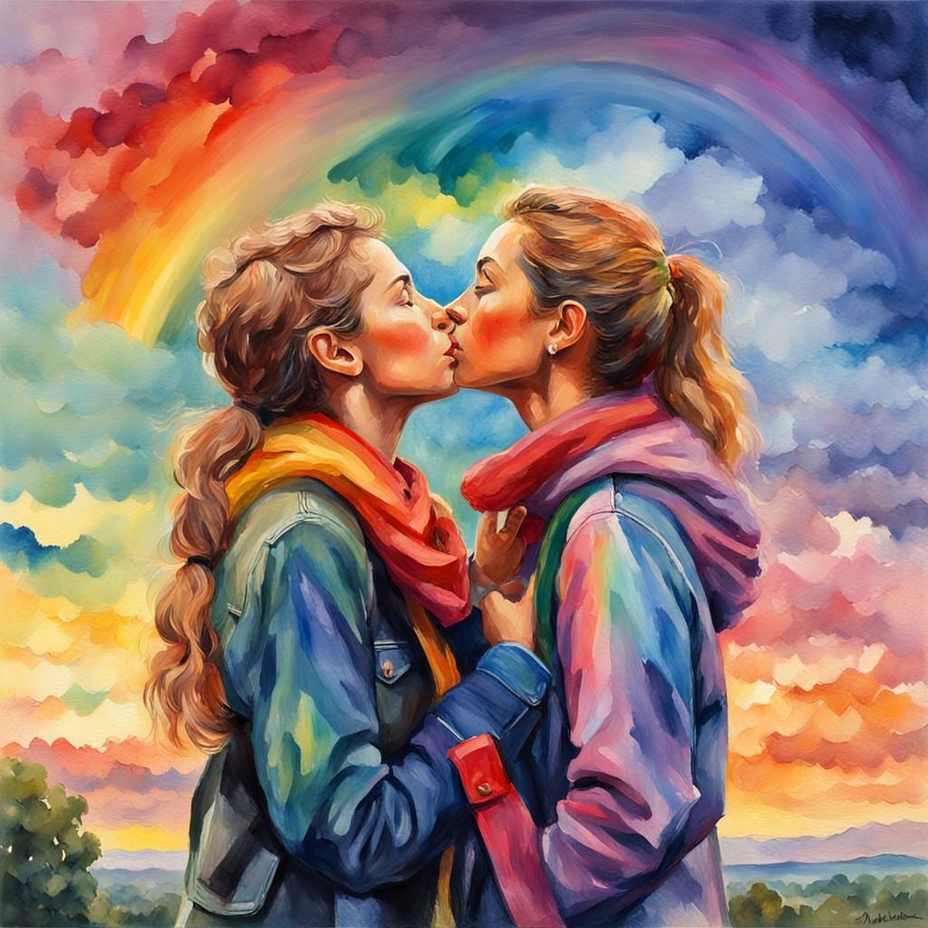 Rainbow Sky Kiss: Gouache and Watercolor Masterpiece