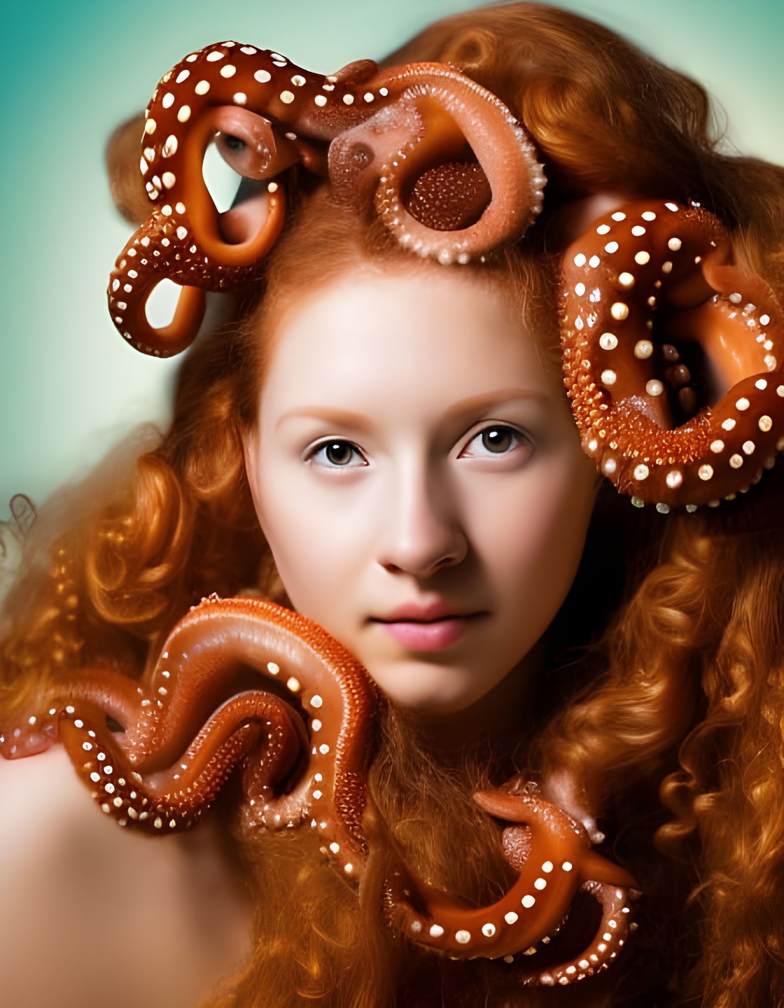 Ginger Haired Woman with Octopus, Photorealistic Portrait