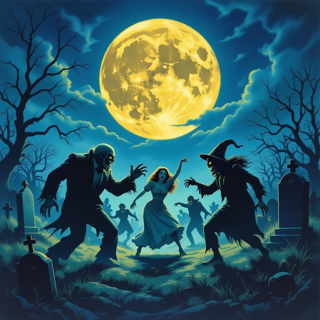 Monsters Dancing in Graveyard Under Full Moon
