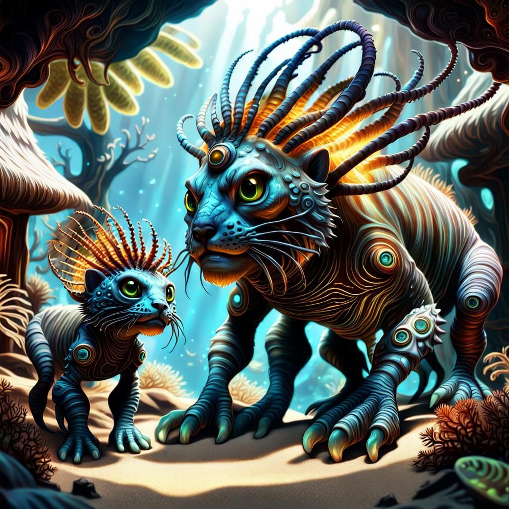 Alien Silicon World with Sabre-Tooth Minks in 3D