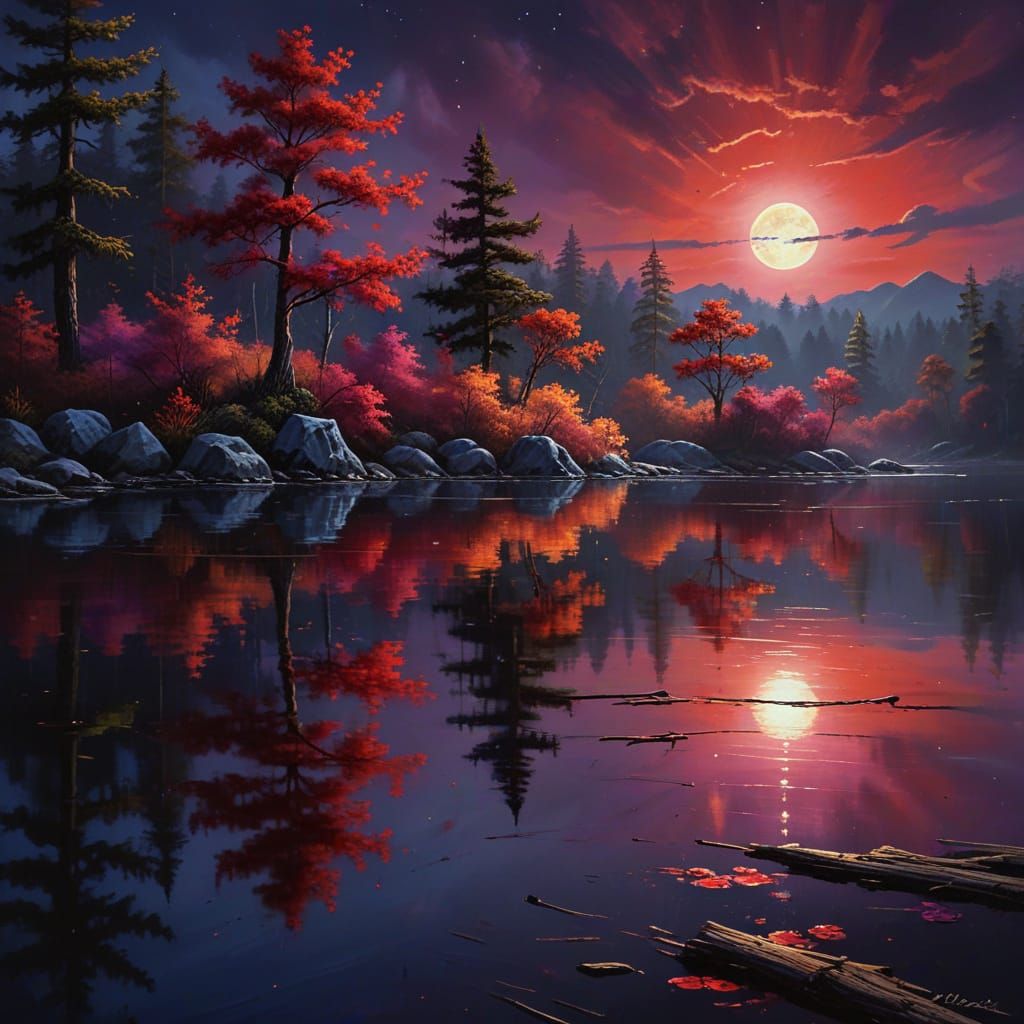 Lake at Night with Red Moon in Bob Ross Style