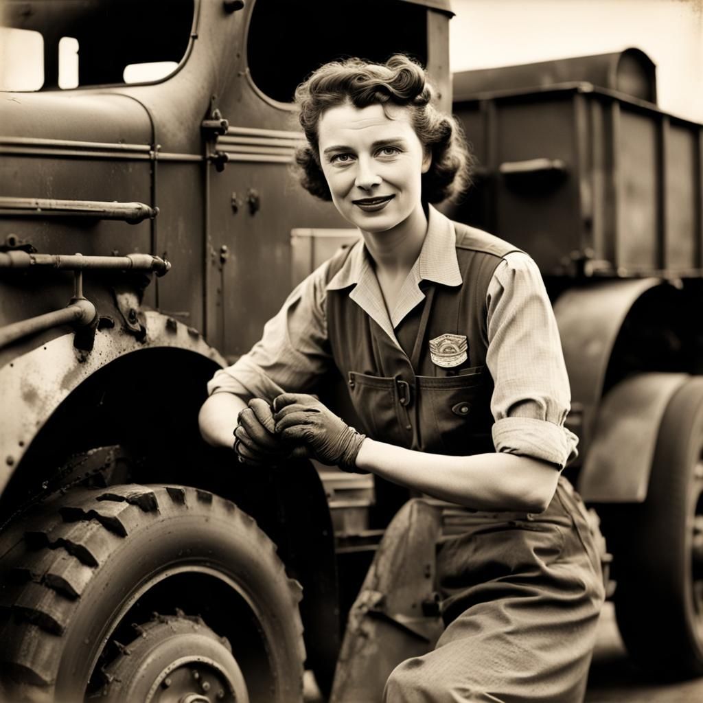HRM Queen Elizabeth Il working as a field mechanic during WW...