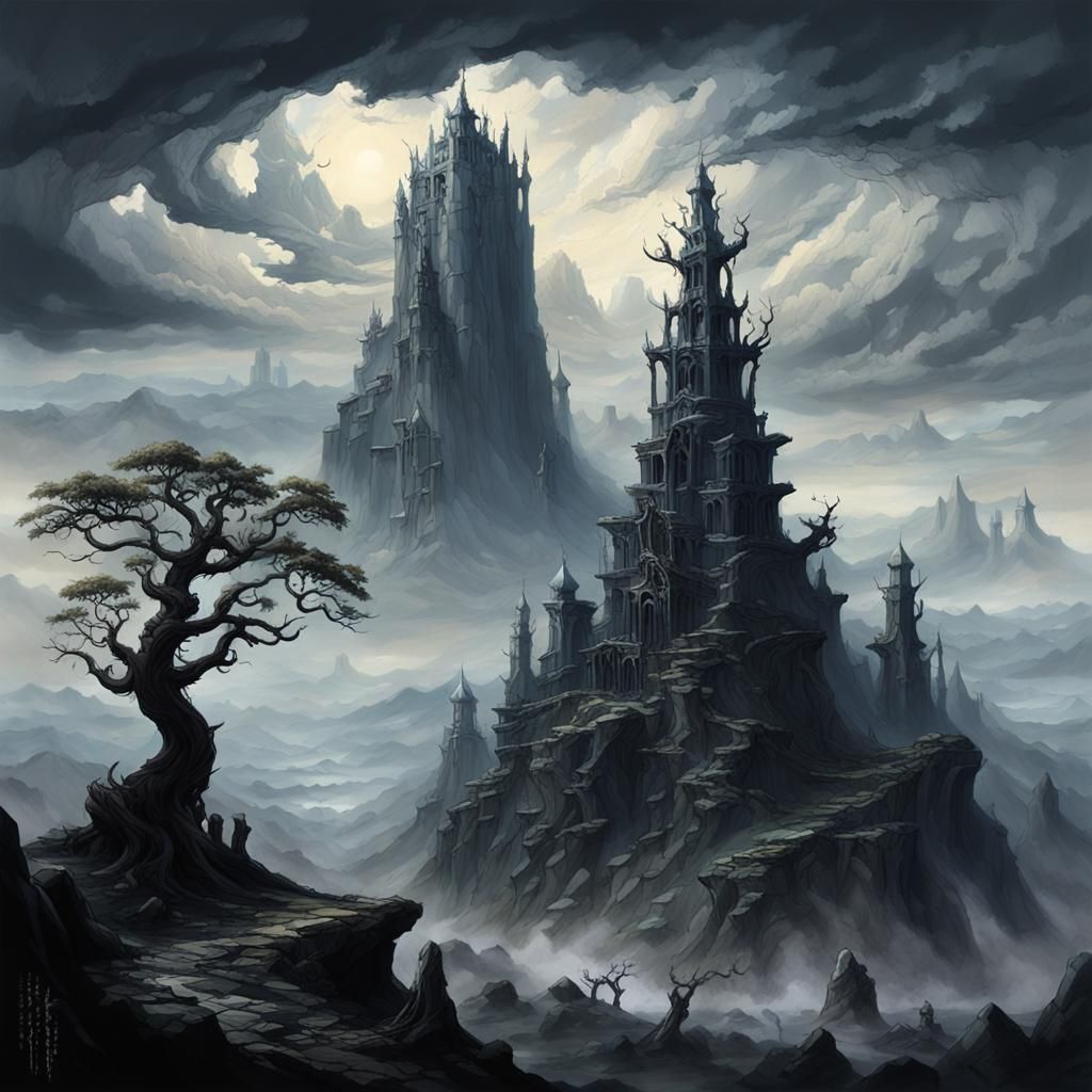 Dark Fantasy Landscape with Heroic Figure