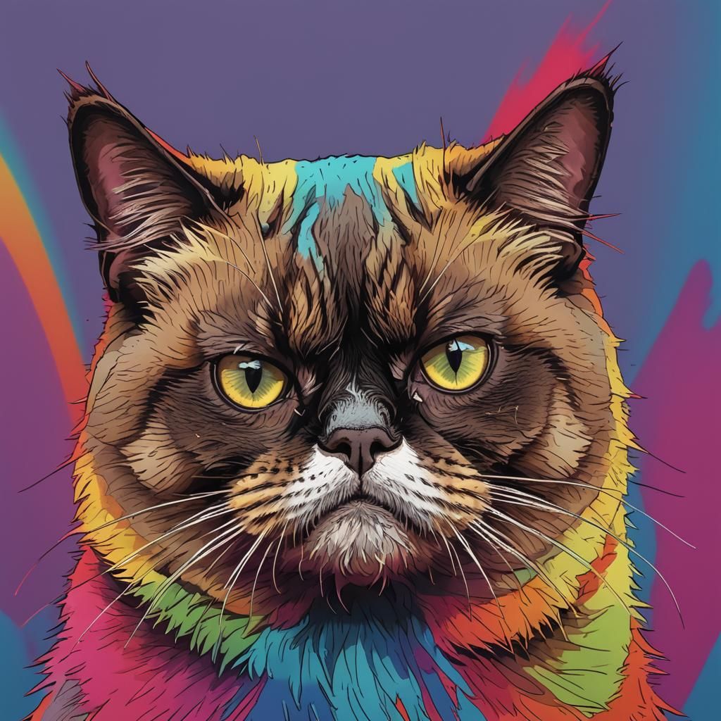 Grumpy Cat Portrait in Neon Rainbow Silhouette