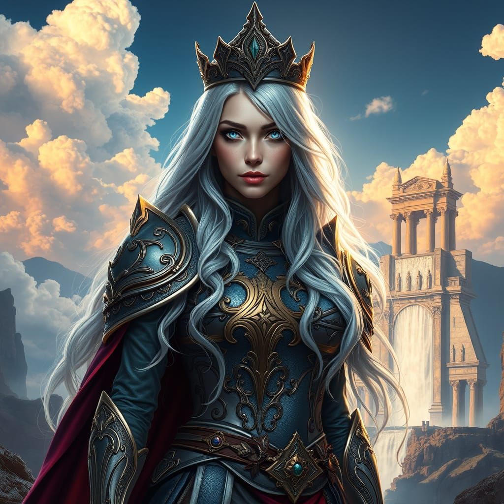 Regal Silver-Haired Cleric in Vibrant Fantasy Landscape