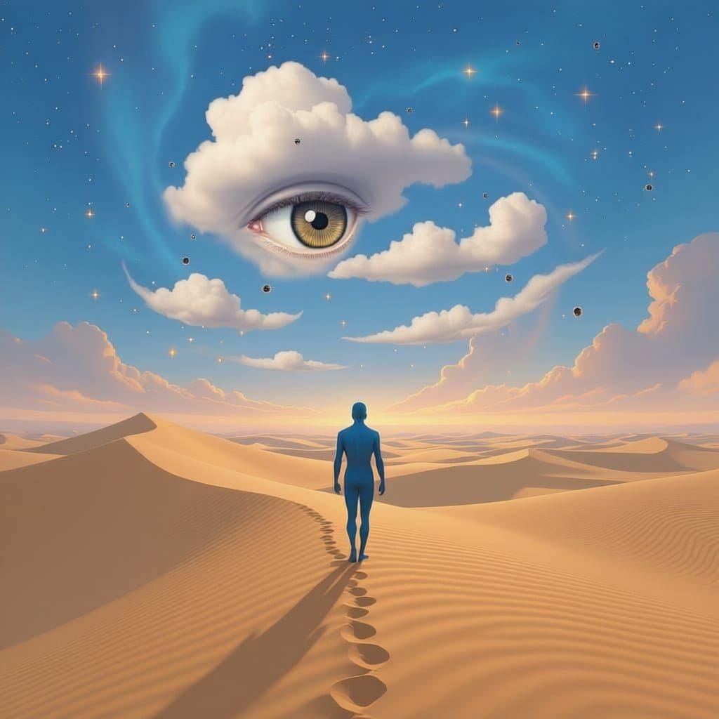 Surreal Blue Human in Desert Under Nebula Sky