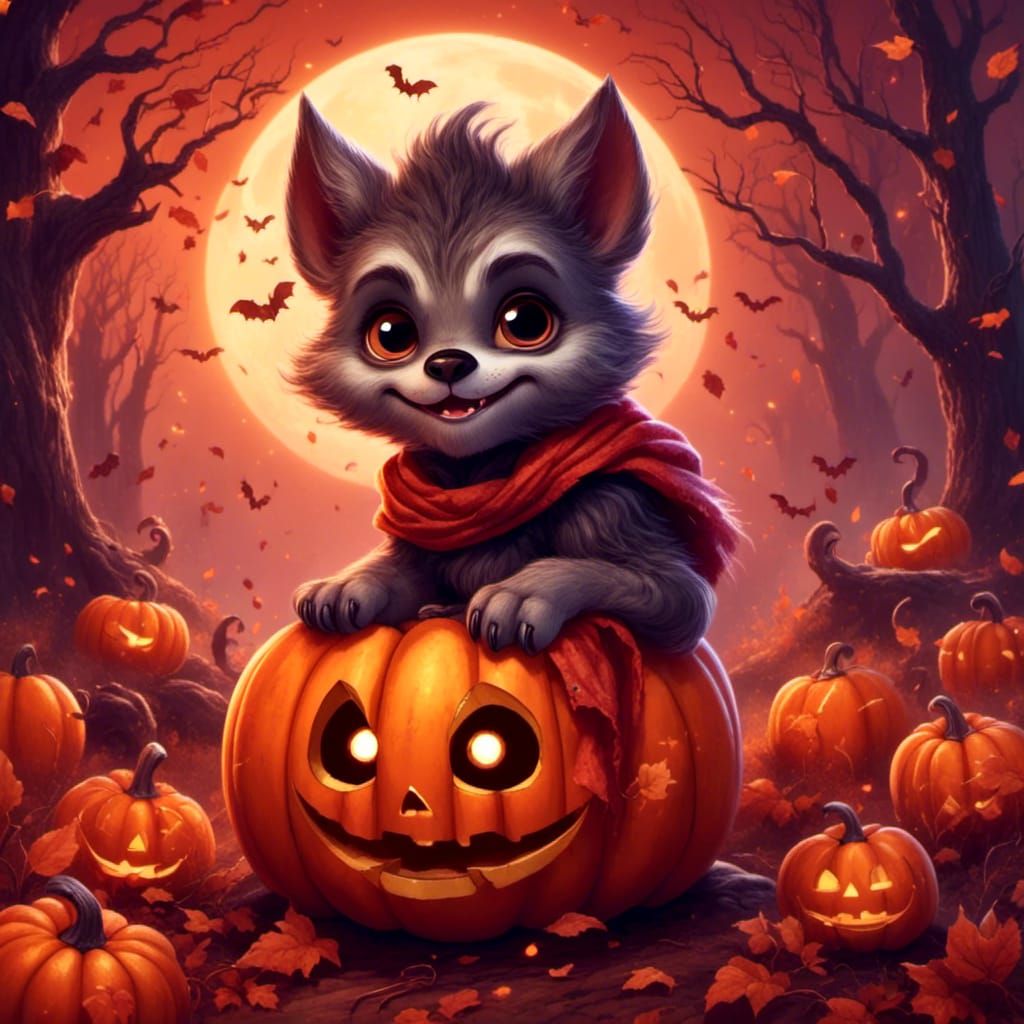 Cute Little Werewolf on Pumpkin Illustration