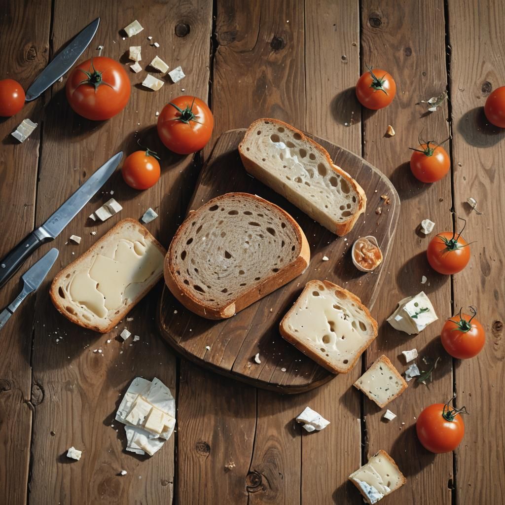 Rustic Still Life of Bread, Cheese, and Tomatoes