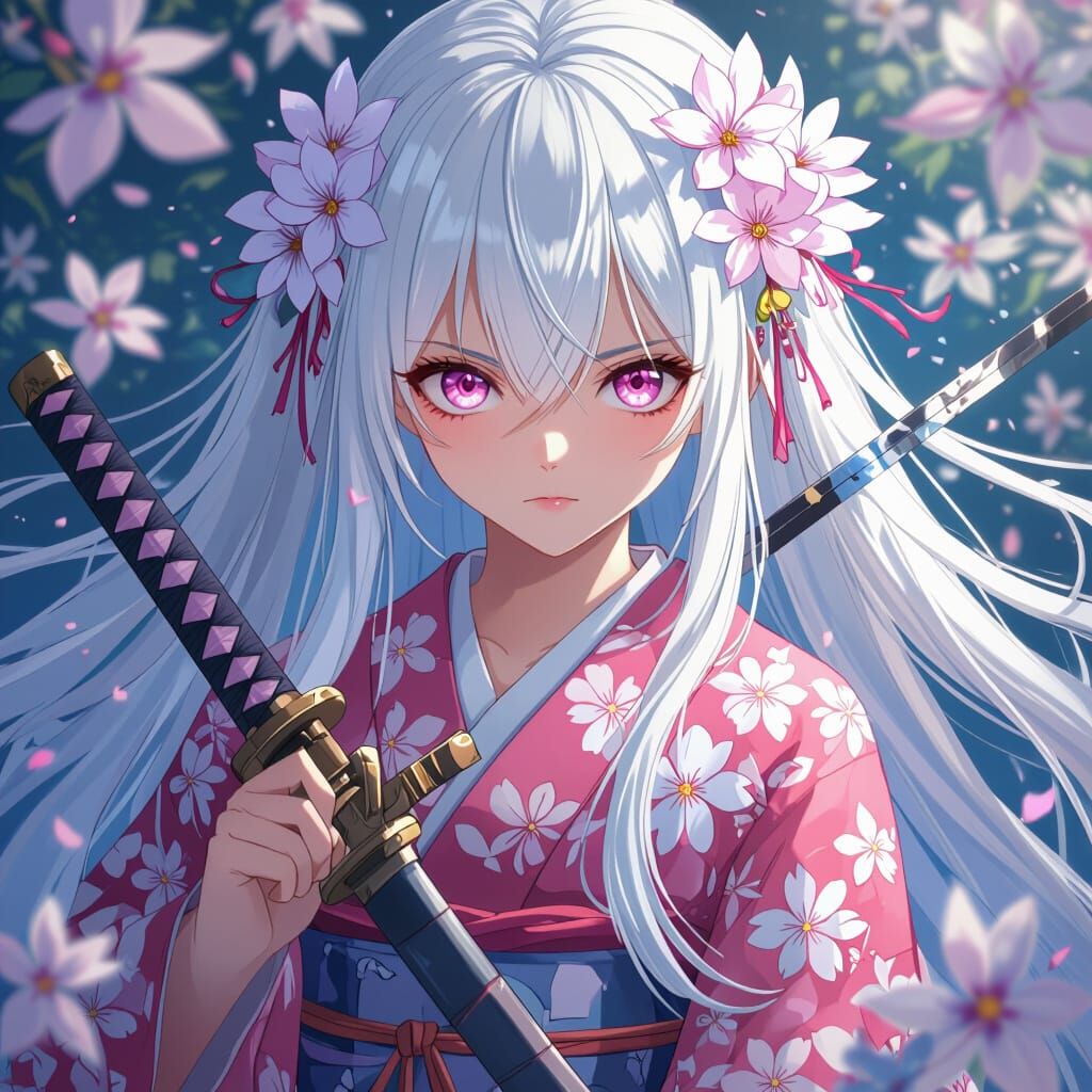 Heroic Girl With Flower Eyes and Sakura Kimono