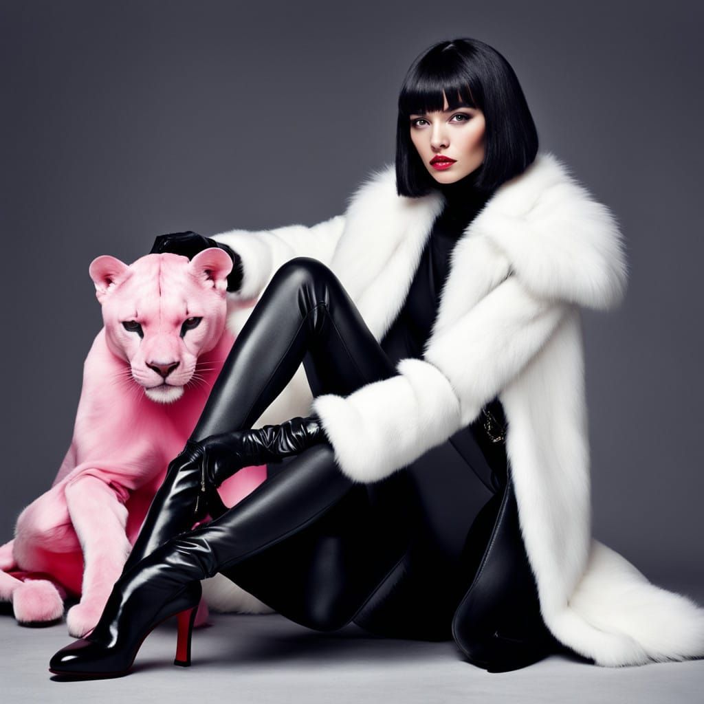 Elegant Woman Posing with a Giraffe in Minimalist Fashion St...